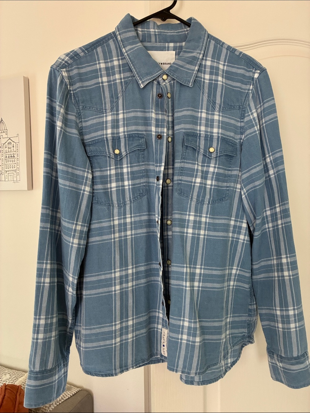 Like New Lucky Brand Blue and White Plaid Long Sleeve Shirt